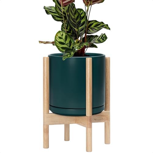 D'vine Dev Ceramic Pot with Natural Wood Stand, Teal, 10 in, 55-B-K-4 by DvineDevPlanterPotsandStand