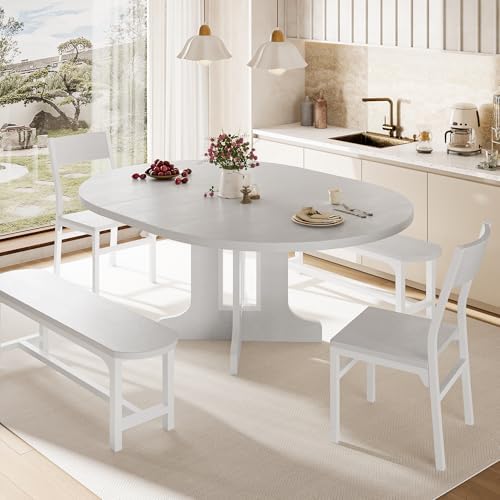 iPormis 5-Piece Round Dining Table Set for 4-6, 59" Extendable Dining Room Table Set with 2 Ergonomic Chairs & 2 Benches, Oval Modern Dinette Table with MDF Board and Metal Frame, Space-Saving, White by iPormis