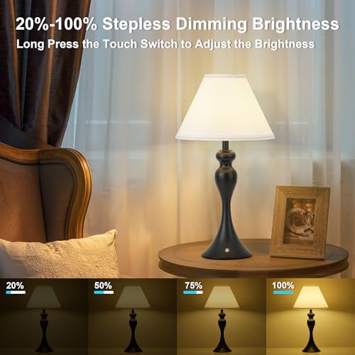 Cordless Table Lamp Rechargeable, Battery Night Light Fabric Shade, Black - Image 5