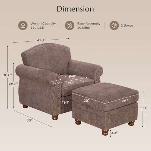 Traditional Accent Chair with Storage Ottoman, 41.3", Chenille, Brown - Image 2
