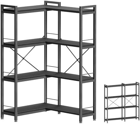 Huuger 4 Tier Bookshelf, L Shaped Corner Bookshelf with 8 Open Shelves, 49.4 Inch Straight Wide Bookcase with Metal Frame and Wooden Board, Adjustable Feet, Black by Huuger
