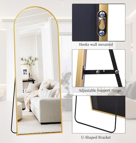 Rowjut 64"x21"Floor Mirror Arched Full Length Mirros, Mirror Floor Length Standing Hanging or Leaning/Large Full Body/Wall Mirror for Bedroom, Living Room, Aluminum Frame, Gold - Image 3