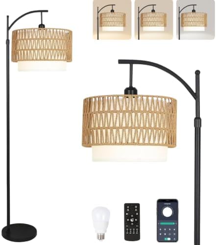 ZECOXOL Arc Floor Lamp for Living Room Boho Floor Lamps with Remote Control & with 3 Color Temperatures,Rattan Wicker Standing Lamp Dimmable Tall Floor Lamp for Bedroom Living Room Corner by ZECOXOL
