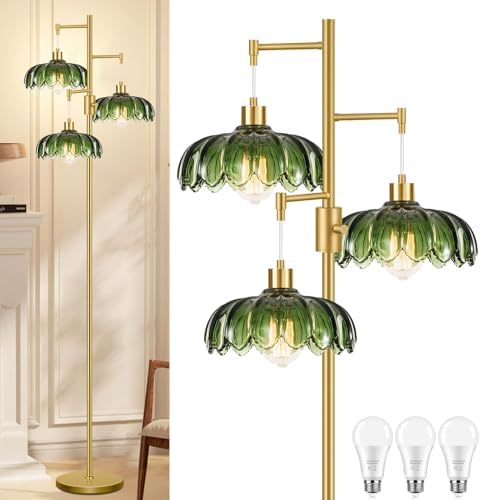 Vintage Floor Lamps for Living Room Bedroom-3 Light Dimmable Gold Floor Lamp with Glass Lampshape, Flower Tall Lamp Modern Mid Century Standing Lamp Green Tree Floor Lamp for Bedroom Corner by Unknown