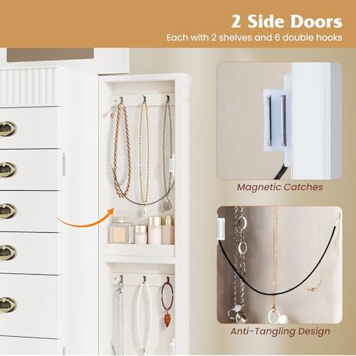 DREAMADE Jewelry Armoire, Standing Jewelry Box w/Mirror & 7 Drawers, White - Image 4