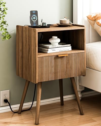 JOONEE Nightstand with Outlet,Modern Bedside Table with Storage Drawer and Open Wood Shelf, for Living Room, Bedroom and Small Spaces, Accent Night Stand with Solid Wood Legs, Easy Assembly,Brown by JOONEE
