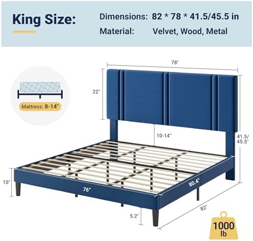 Allewie King Size Platform Bed Frame with Velvet Upholstered Headboard - Image 2