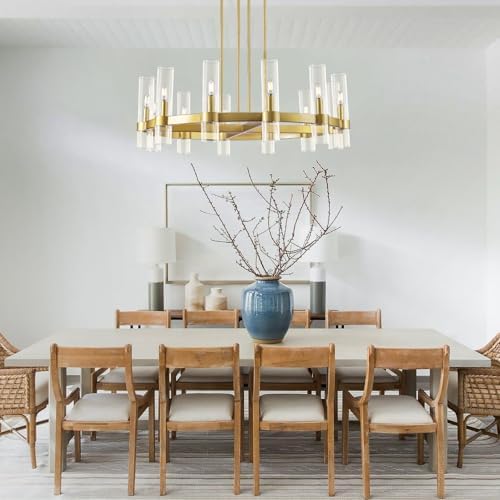 Knurldon12 Light Brass Round Chandelier 36" Wagon Wheel Chandeliers for Dining Room Light Fixture Clear Glass Tube Chandelier Modern Farmhouse Chandeliers for LivingRoom Foyer, Bulb Included - Image 2