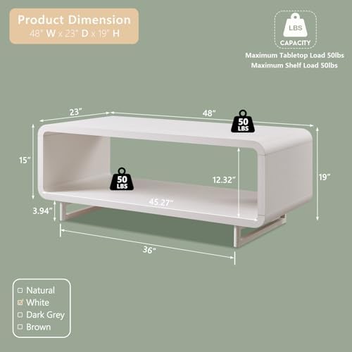 IFGET 48" Modern Coffee Table, 2-Tier Minimalist Curved Center Table, White - Image 2