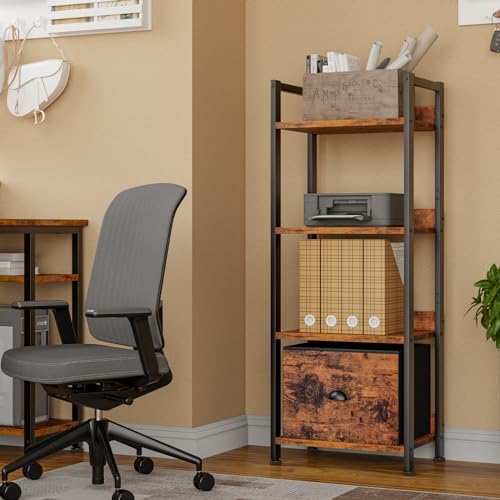 Furologee 4 Tier Bookshelf with Drawer, Tall Bookcase with Shelves, Narrow Bookshelves Storage Organizer, Wood and Metal Display Standing Shelf Unit for Bedroom, Living Room, Rustic Brown - Image 6