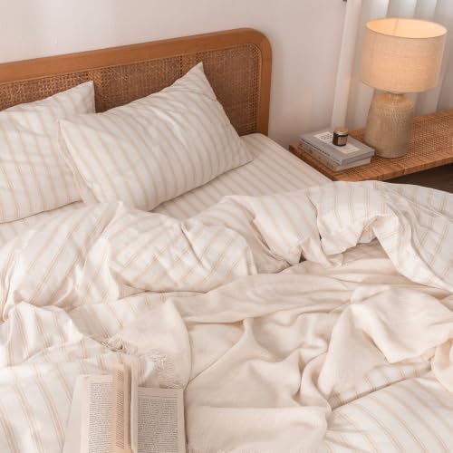 BESTOUCH Striped Cotton Duvet Cover Set Linen Feel Queen - Image 2