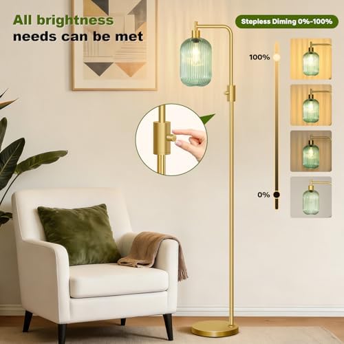 【Upgraded】 Dimmable Floor Lamp for Living Room with Green Ribbed Glass Lampshade, Gold Modern Floor Lamp with 900LM LED Bulb Included, Arc Standing Tall Lamp for Bedroom, Office, Reading Room, Corner - Image 4
