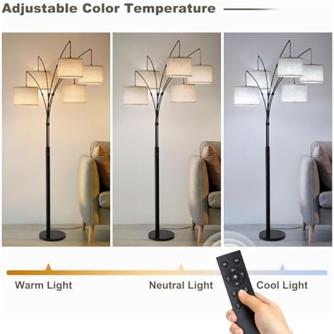 Bright Floor Lamp, Remote Control, Beige Shade Black Pole - Image 5