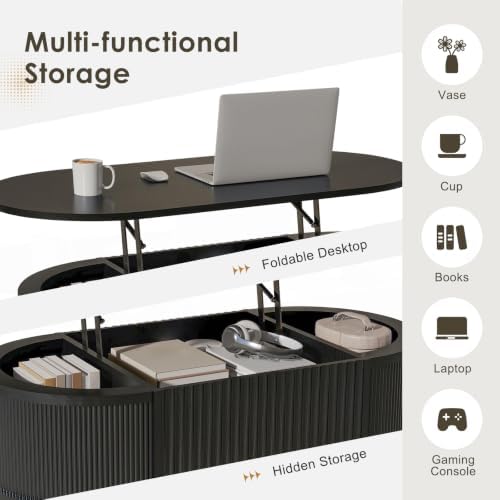 LYNCOHOME Fluted Lift Top Coffee Table with Storage,Modern Oval Coffee Table for Living Room or Home Office(Black) - Image 4