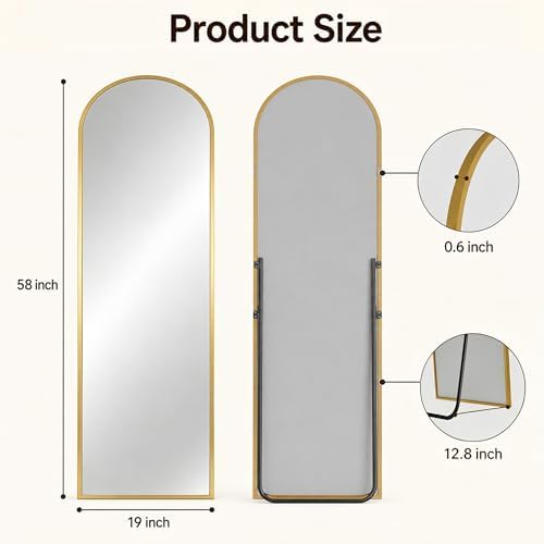 Antok Full Length Mirror, 59"x18" Floor Mirror with Stand, Gold, Arched - Image 3