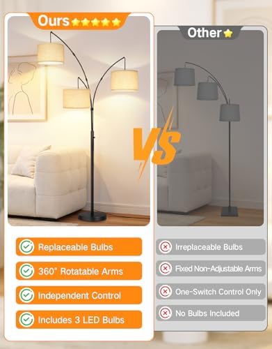 OUTON Arc Led Floor Lamp, Modern 3 Light Arched Tall Floor Lamps for Living Room, Mid Century Adjustable Standing Corner Lamps for Bedroom Office, 3 LED Bulbs Included, Beige Lampshade - Image 2