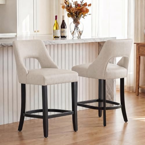 UVV Bar Stools Set of 2, Modern Upholstered Counter Height Bar Stools, Faux Leather Counter Stools BarStools with Wood Legs for Kitchen Island Dining Room Bar, Beige - Image 3