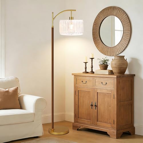 ILLMTW Arc Floor Lamp for Living Room,Bedroom,Glass Mid Century Modern Standing Lamp with Remote Dimmable,Wood Vintage Gold Tall Lamp White Lamp Shade Floor Lights Boho Bohemian Tiffany Style - Image 3