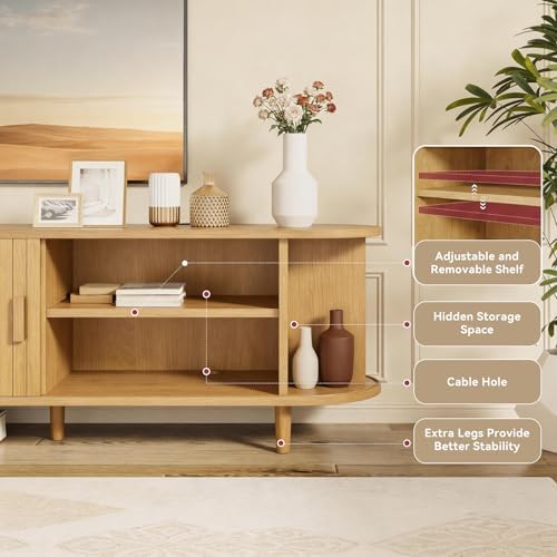 70" Mid Century Modern TV Stand with Power Outlet, Fluted Entertainment Center with Storage and Adjustable Shelves, Wood TV Console with Sliding Doors for Living Room, Oak - Image 6