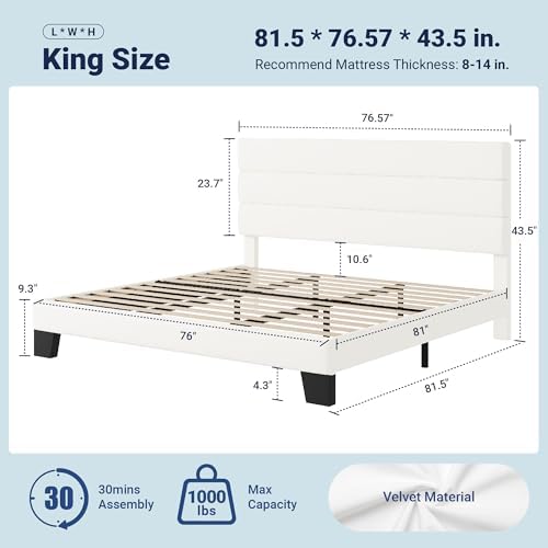 Allewie King Size Platform Bed Frame with Velvet Upholstered Headboard - Image 2
