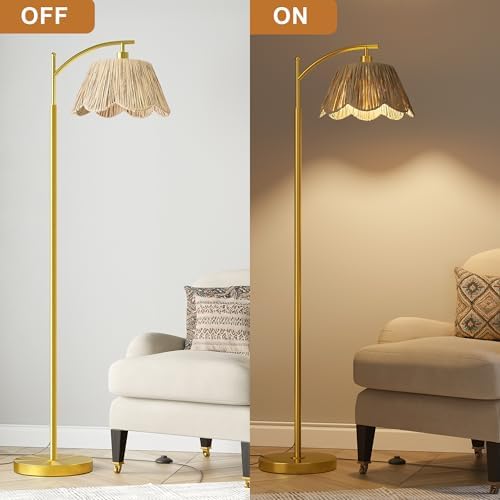 Oneach Boho Floor Lamp with 3 Color Temperatures, Farmhouse Floor Lamps for Living Room with Remote & Dimmable Bulb, Rattan Floor Lamp for Bedroom, Gold - Image 5