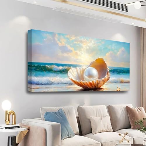 Seashells Pearls Pictures Canvas Wall Art Living Room Office Bedroom Wall Decor Sea Landscape Wall Art Prints Modern Blue and White Landscape Artwork Waterproof Ready to Hang - 20x40 inches - Image 6