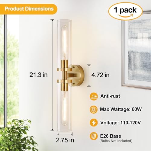 Indoi Brushed Gold Wall Sconces, Hardwired Bathroom Sconces Wall Lighting with Clear Glass, Modern Sconces Wall Light fixtures for Bathroom Mirror Living Room Hallway Bedroom - Image 4