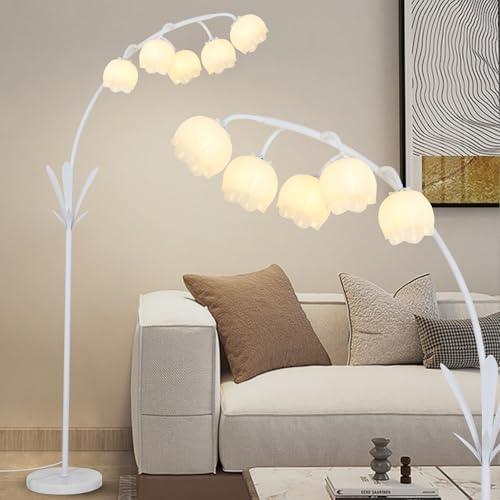HMVPL White Floral Floor Lamp, Cute Flower Standing Lamp for Bedroom, Modern Tall Lamp with 5 G9 LED Bulbs, Foot Switch, Acrylic Shade, Curved Floor Lamp for Living Room Corner Bedside Kids Home Decor by HMVPL