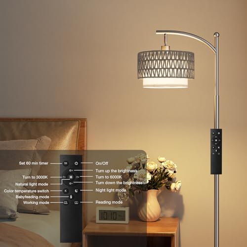 Ambimall Arc Floor Lamp with Remote & Rattan Double Shades, Gray Rustic - Image 6
