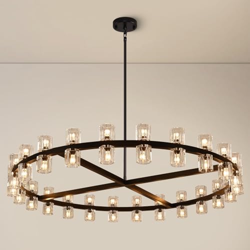Modern 48 inch Black Round Chandeliers Light Fixture, Crystal Chandeliers for Dining Room, Living Room Chandelier, Wagon Wheel Chandelier Over Table, Suitable for Bedroom,Foyer,Includes Bulb by Knurldon