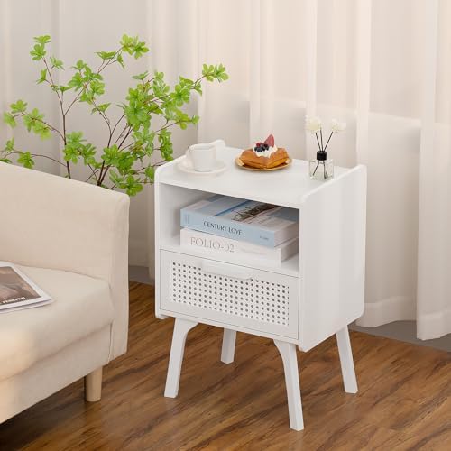 Lerliuo Rattan Nightstand, Side Table with Drawer Open Shelf - Image 2