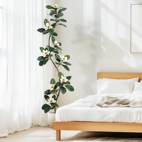 7FT Tall Lifelike Artificial Magnolia Tree with 8 Pcs Magnolia Flowers in White Planter Pot, Rubber Tree Faux Plants Indoor Artificial Plants & Flowers for Home Office Living Room Decor - Image 6