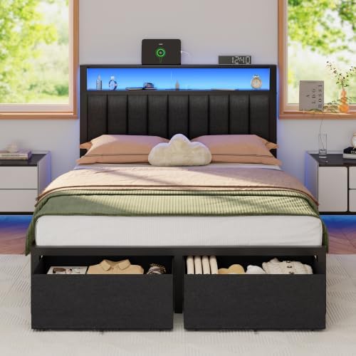 Furnulem Full Size Bed Frame with Storage Drawers and Upholstered Headboard by Furnulem