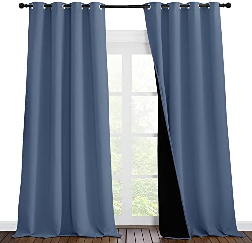 NICETOWN Cold Reducing Curtains, 100% Sun Blocking Curtains, Sound Proof Drapes with Black Backing, Full Light Blocking Panels for Patio Sliding Door (Stone Blue, 1 Pair, 55 inches x 102 inches) by NICETOWN