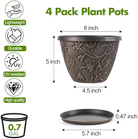 Nooulap 8 Inch Plant Pots with Drainage Hole, 4 Pack, Retro Brown - Image 2