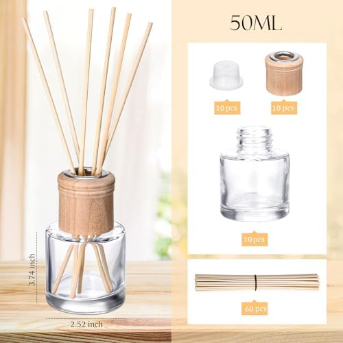 Roshtia 10 Set Reed Diffuser Bottle Empty Refillable Fragrance Glass Diffuser Bottles Set with Wooden Caps Sticks 50ml 1.7 oz Round Glass Jars for DIY Fragrance - Image 6