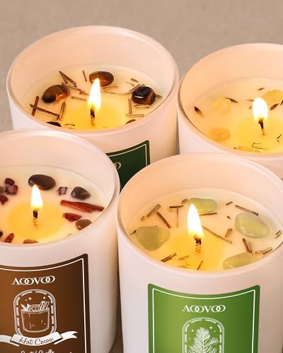 AOOVOO Holiday Candles Set for Women - 4 Pack Candles for Home Scented, Aromatherapy Candle with Crystals, 28 oz 200 Hour Long Lasting Candle, Winter Fragrance of Cedar, Fir, Hot Cocoa, Vanilla Cake - Image 3