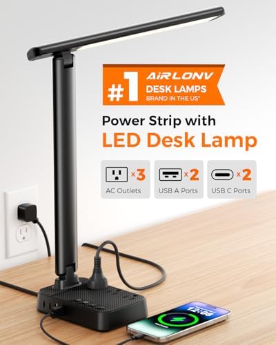 Airlonv LED Desk Lamp for Office Home, Power Strip with 3 Outlets 4 USB Charging Ports(2 USBC), 4 Modes 5 Level Brightness Desk Light, Small Desk Lamp for College Dorm Room Essentials - Image 2