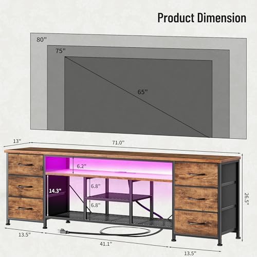 Furologee 71 Inch LED TV Stand, Entertainment Center, Rustic Brown - Image 3