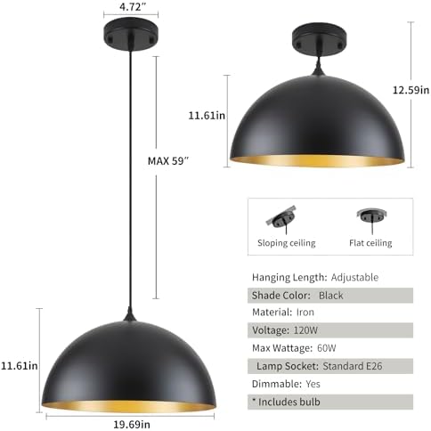Black Large Pendant Light 2 Packs,19.7inches, Kitchen Pendant Lighting, Oversized Modern Pendant Lights, Farmhouse Pendant Lighting, Pendant Light for Bedroom, Kitchen Island - Image 6