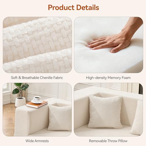 MONVANE 75" Loveseat Sofa, Comfy Chenille Modular Sectional Sofa with 4 Pillows, Modern Deep Seat Boneless Couch, 2 Seater Sofa for Living Room, Bedroom and Apartment, Beige - Image 4