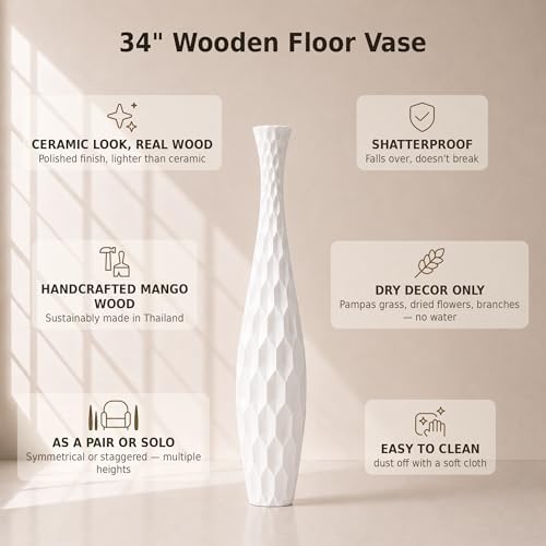 Leewadee Large Floor Vase 34 inches Mango Wood for Pampas Grass, Dried Flowers - Image 3