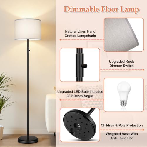 Floor Lamp Simple Design with Shade, Small Tall Lamps for Living Room Bedroom Office Dining Room Kitchen, Black Pole Lamp-Gray - Image 4