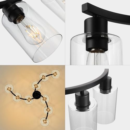 CNRATYE 9-Light Black Modern Chandeliers for Dining Room, Adjustable Height Farmhouse Kitchen Island Lighting, Industrial Hanging Light Fixtures for Living Room Bedroom, Clear Glass Shade - Image 7