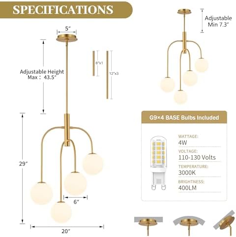 LamQee 4 Lights Mid Century Modern Chandelier, Milk Glass Globe Chandelier Light Fixture with Gold Metal & White Ball, Large Pendant Lighting Ceiling Hanging for Dining Room Kitchen Island Entryway - Image 6