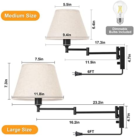TRLIFE Dimmable Wall Sconce Plug in, Wall Sconces Set of Two Swing Arm Wall Lights with Plug in Cord and On/Off Dimmer Rotary Switch, 11.8" Large Beige Fabric Shade(2 Pack, 2 Bulbs Included) - Image 5
