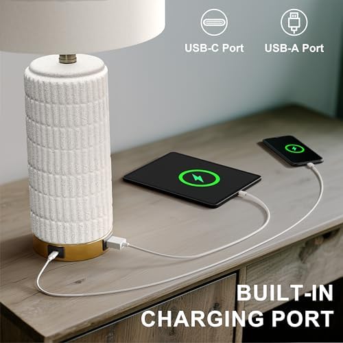 PoKat Stone-Like Ceramic Table Lamps with USB Ports for Bedroom, 25'' Matte-White Dimmable Nightstand Touch Lamps for Night Stands with Gold Base, Farmhouse Lamps for Living Room End Side Table - Image 3