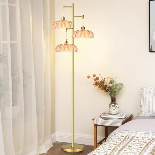 QIYIZM Glass Floor Lamp for Living Room,Bedroom,Gold Mid Century Modern Standing Lamp Brass Tree 3 Light Tall Floor Lamps Vintage Retro Floor Lights Flower Lamp Shade Farmhouse Boho Bohemian - Image 6