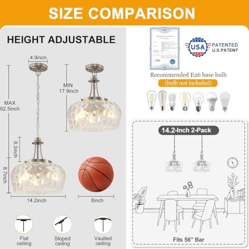 Modern Pendant Lights Kitchen Island, 3-Light Brushed Nickel Pendant Light Fixtures with 14.2" Clear Hammered Glass Shade, Hanging Pendant Lights Fixture for Kitchen Island Dining Room Foyer Entryway - Image 5
