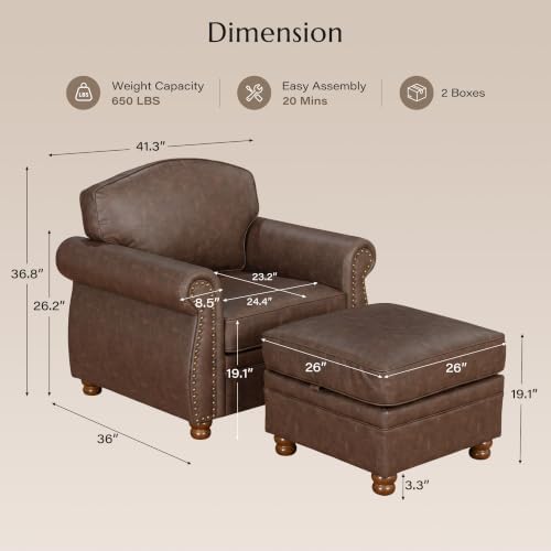 Traditional Faux Leather Chair with Storage Ottoman, 41.3", Dark Brown - Image 2